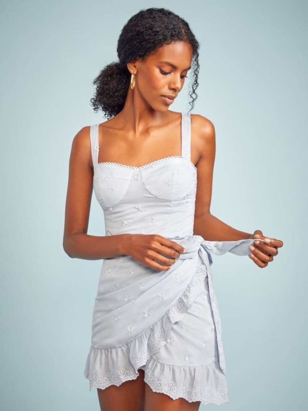 Light Blue Tie-Waist Sundress with Eyelet Detail